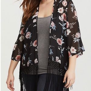 Black Floral Fringe Kimono